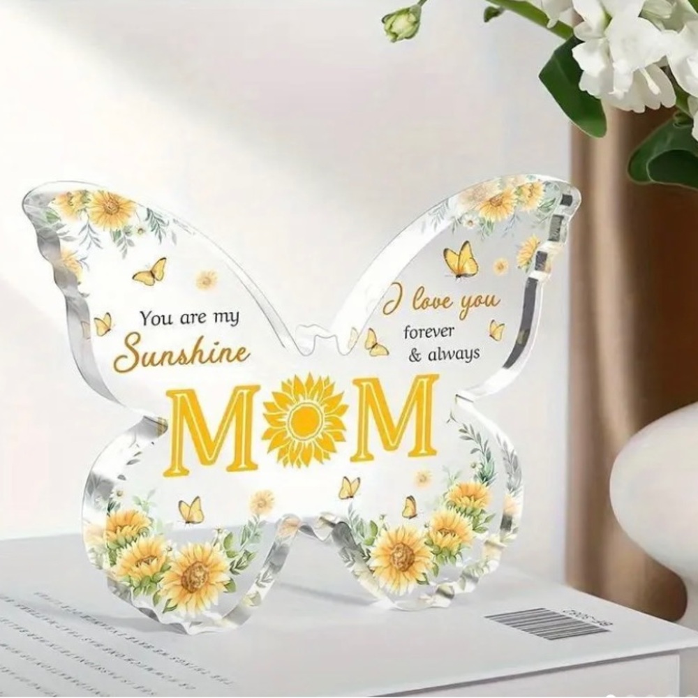 Mom Yellow Floral & Clear Acrylic 2 Dimensional Butterfly Shaped Plaque.